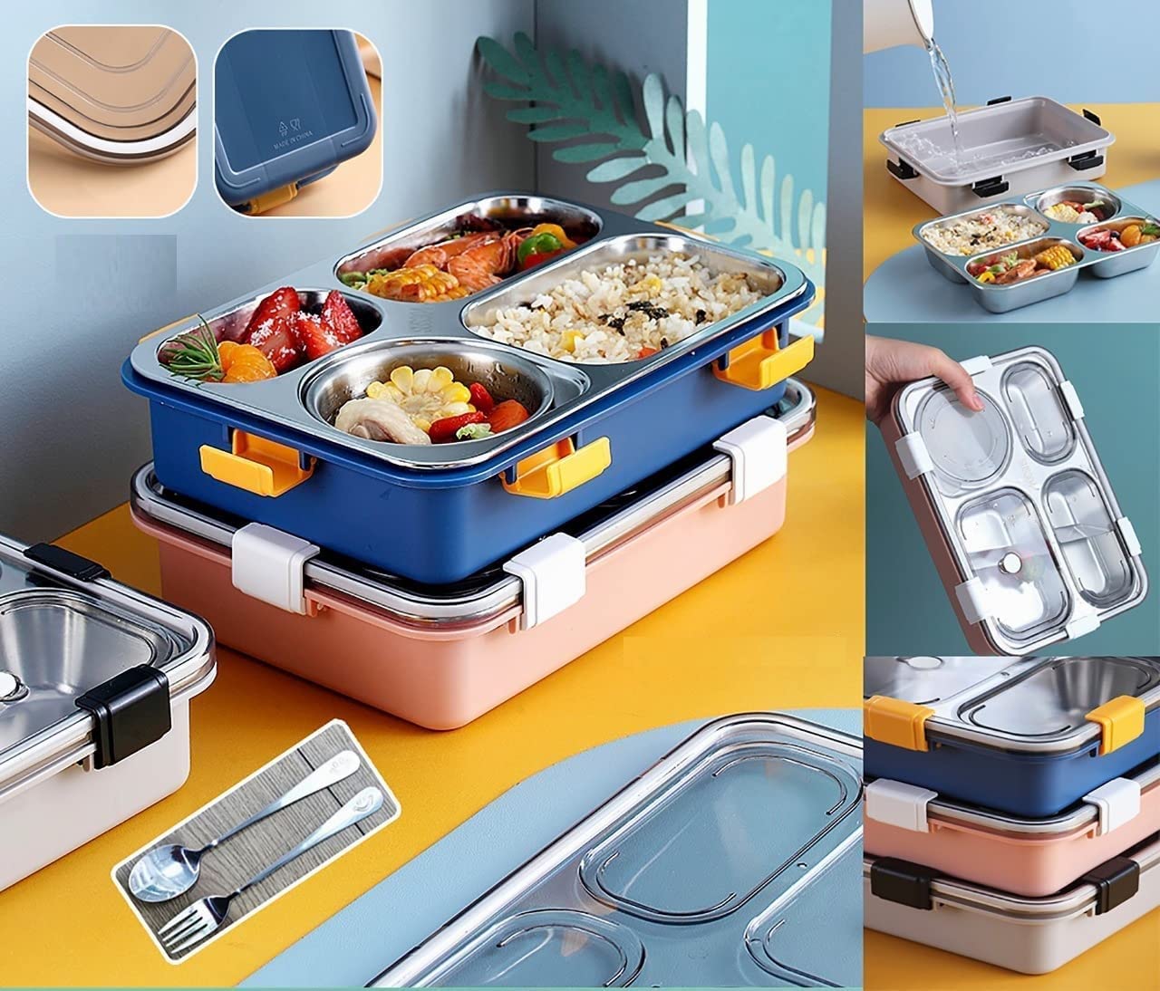 Lunch Boxes for Adults - Lunch Box for Kids with Spoon & Fork - Durable Perfect Size for On-The-Go Meal, BPA-Free (Multi Color) (4 Section) Lunch Boxes for Adults - Lunch Box for Kids with Spoon & Fork - Durable Perfect Size for On-The-Go Meal, BPA-Free (Multi Color) (4 Section)
